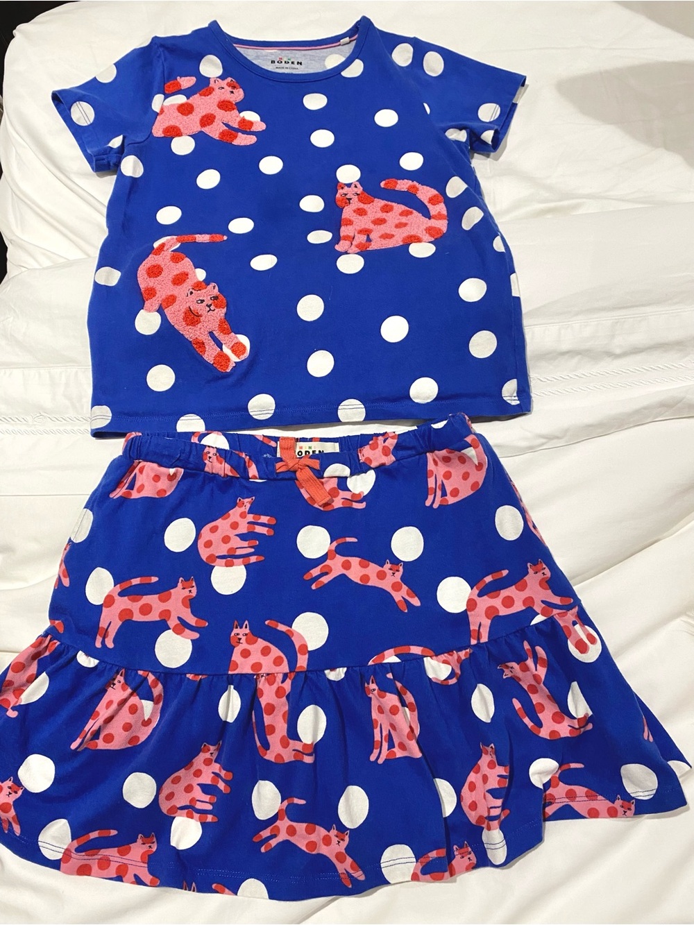 Mini Boden Girls Cat Print Top & Skirt Set Blue Pink Polka Dot 2-Piece Outfit